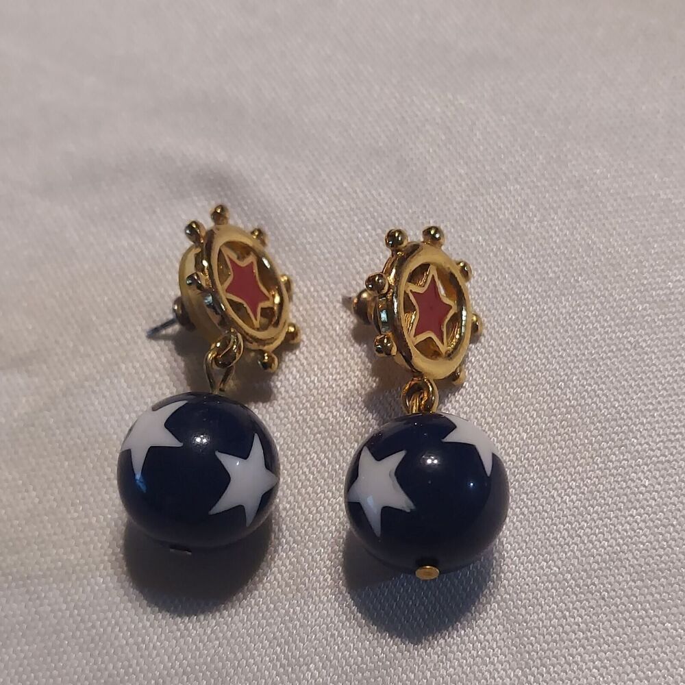 Vintage Avon Red Blue Star Ships Wheel Nautical Dangle Pierced Earrings - Picture 2 of 4